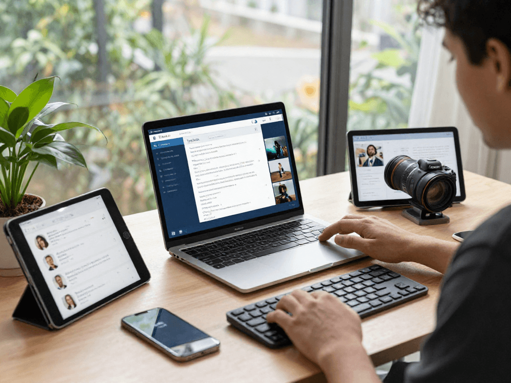 Using ToDesk software, a user connects multiple devices in a contemporary home office setup.