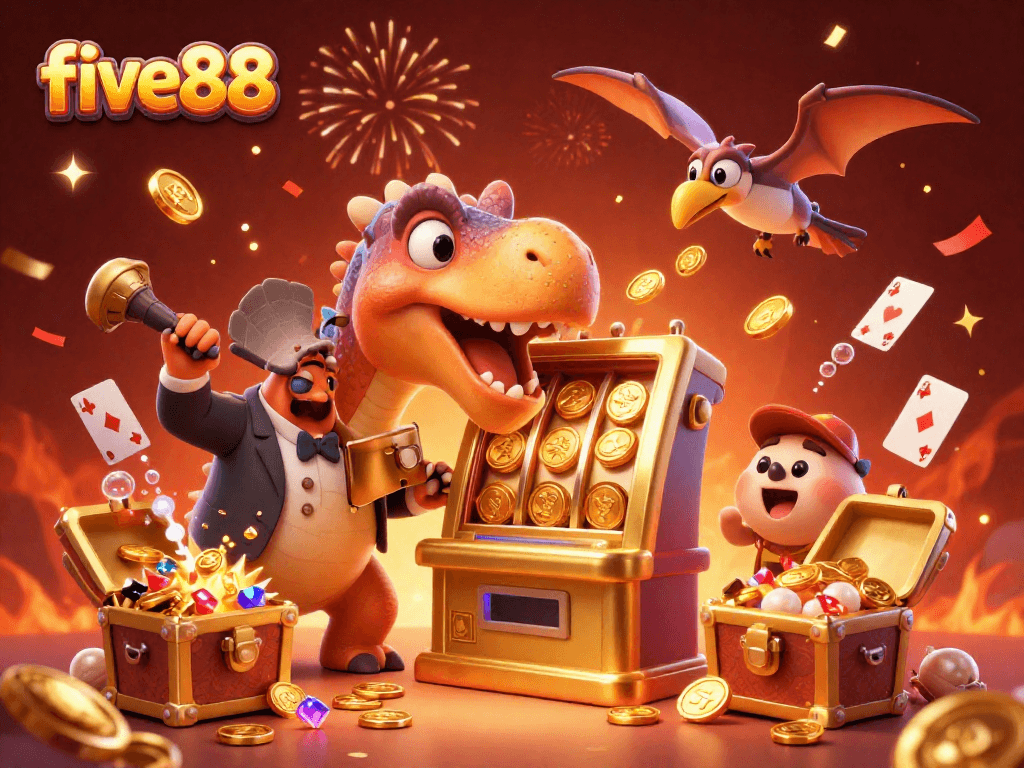 Experience the excitement of five88 with a dinosaur gaming scene showcasing jackpot wins and vibrant celebration.