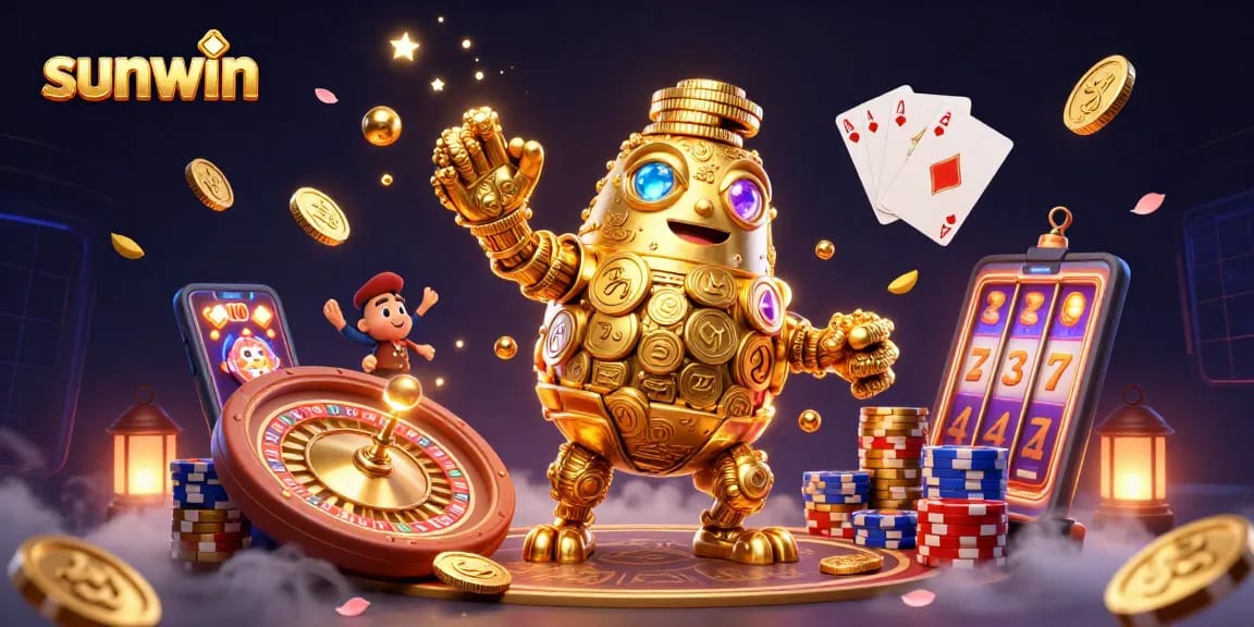 Spin to win at Sunwin with an animated golden golem and casino elements enriching your gaming experience.