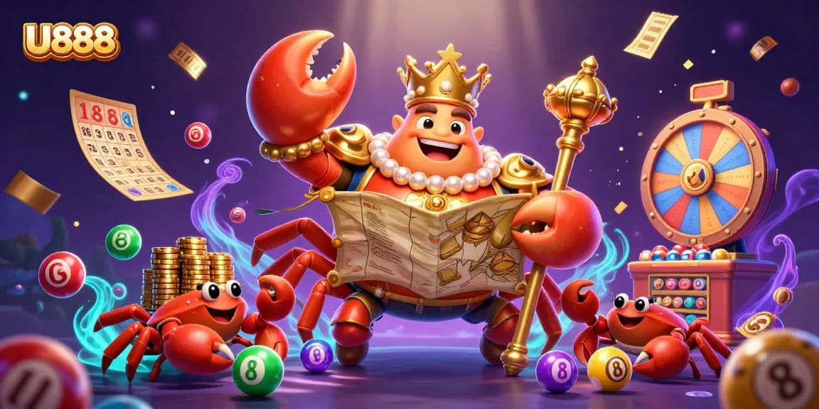 U888 showcases a dynamic 3D illustration with a golden crab emperor and colorful gambling elements.