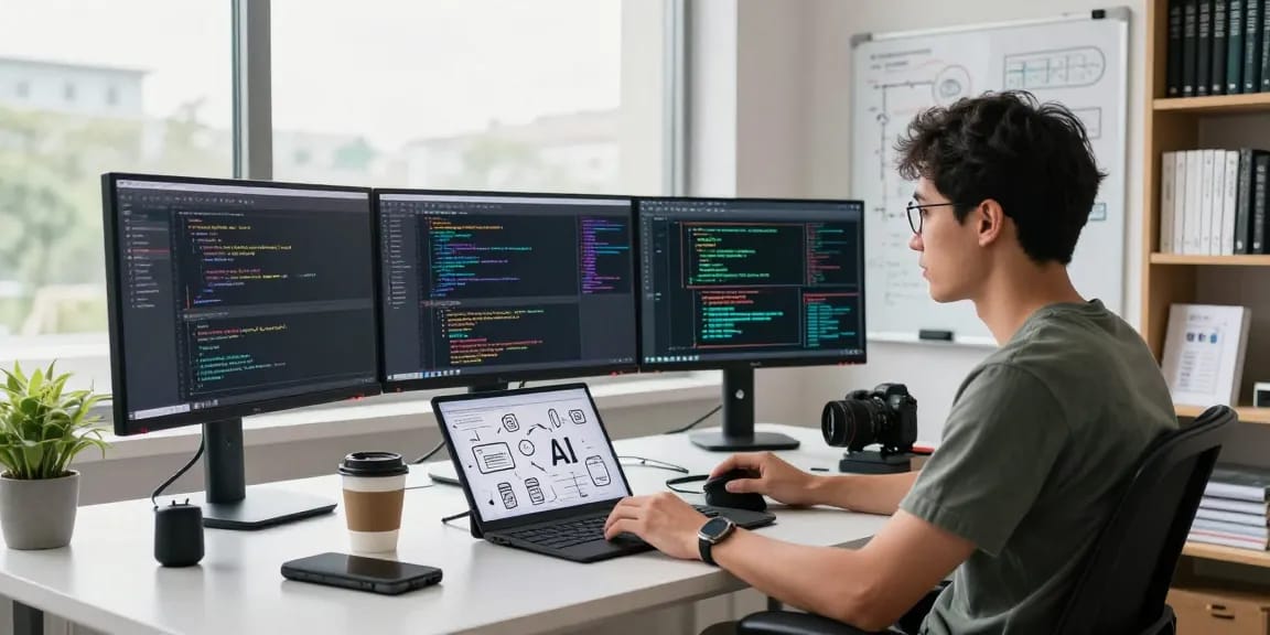 A tech workspace showcasing AI tools 2026 with multiple monitors displaying code and data visualizations, emphasizing innovation and productivity.