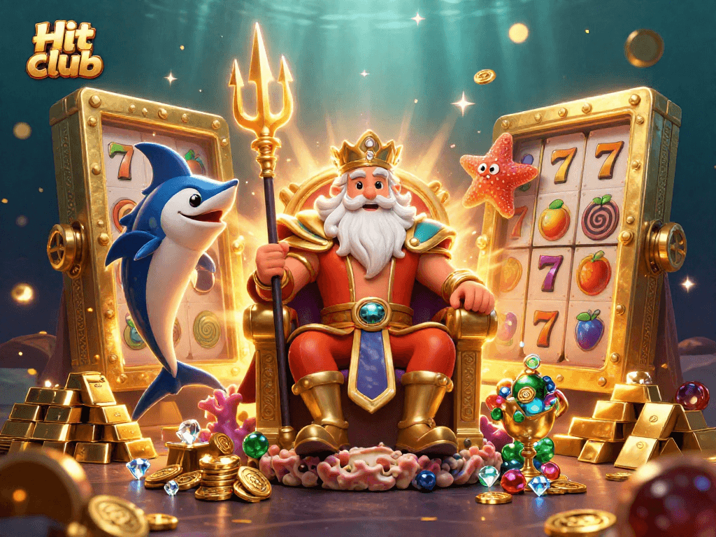 Hit club: Dive into the vibrant 3D casino scene with Neptune surrounded by slots and treasures.