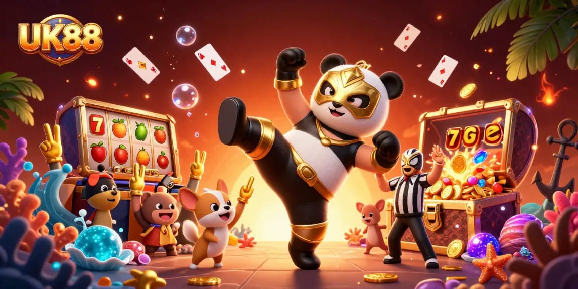 Engage with UK88's thrilling 3D casino scene featuring a flying panda wrestler and cheering animals.