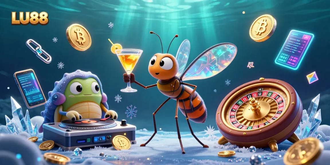 LU88 unites thrilling gaming with a lively scene of cryptocurrency and casino elements in a vibrant 3D illustration.