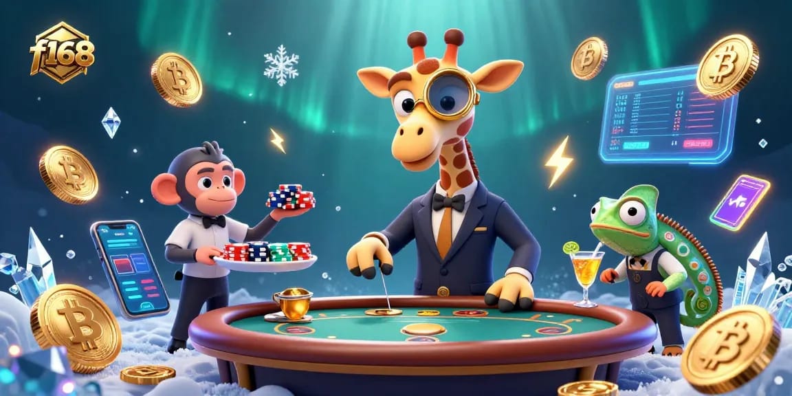 Experience thrilling gameplay at f168 with a vibrant 3D casino scene featuring vibrant characters and crypto elements.