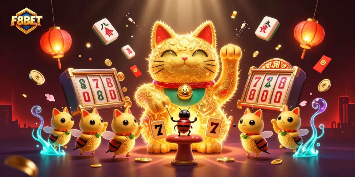 Engage with F8BET's vibrant gaming experience featuring a dynamic lucky cat and various casino symbols.