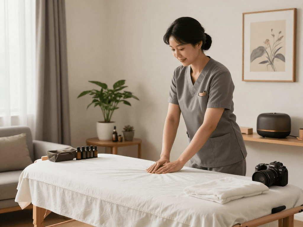 Professional therapist preparing for 주안출장마사지 in a calming home setting with aromatic oils and serene lighting.
