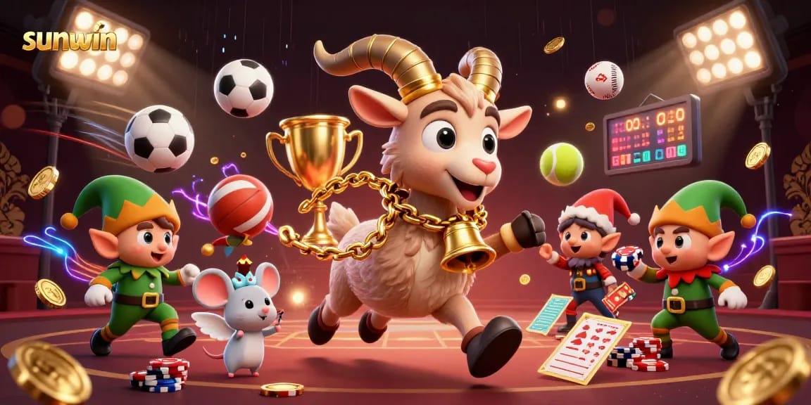 Play thrilling games at sunwin's lively casino with fun characters amidst rolling sports balls and vibrant energy.
