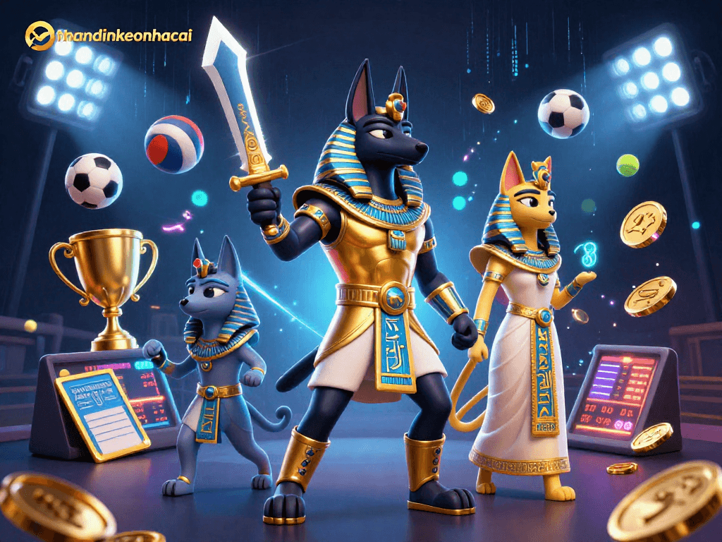 nhandinhkeonhacai showcases excitement with Anubis warrior and dynamic sports elements in 3D.
