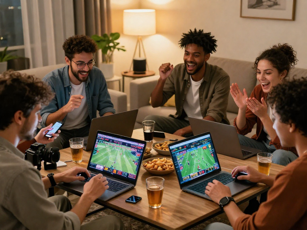 Engaging online sports betting moment with friends using TK999 platform in a cozy living room.
