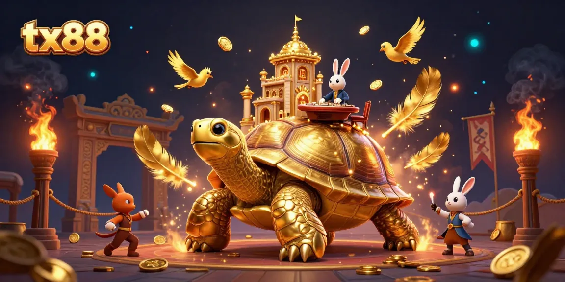 Experience the thrilling tx88 online casino with a golden tortoise and rabbit dealer in an engaging scene.