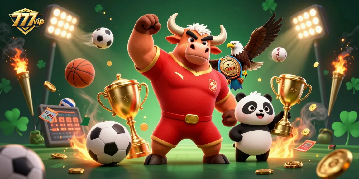 Experience the excitement of 777vip with a victory pose from our bull mascot, eagle, and trophy-winning panda