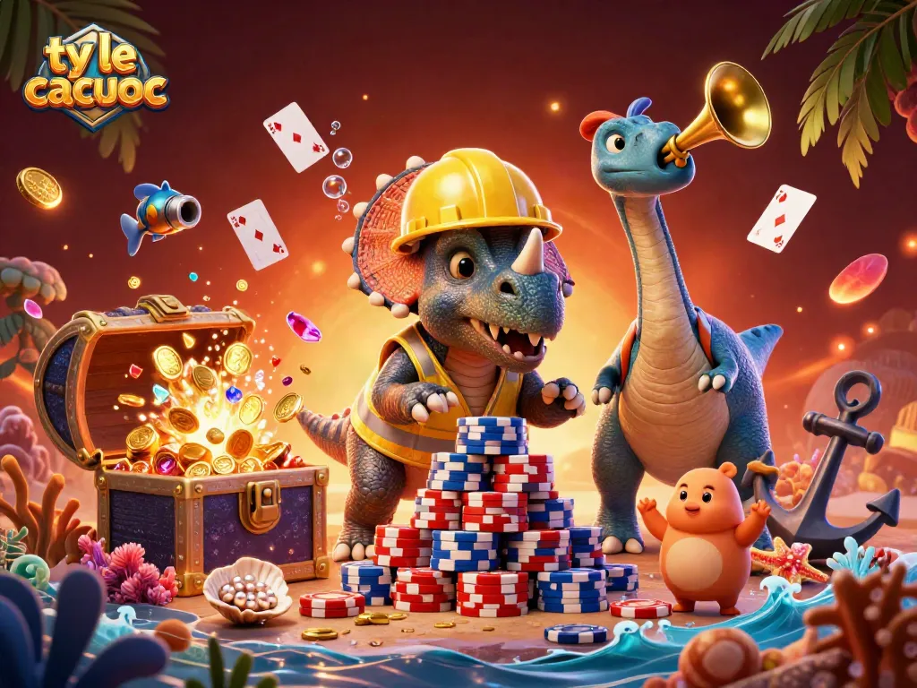 Engage in ty le ca cuoc excitement as dinosaurs build a poker chip pyramid with treasure backdrop.