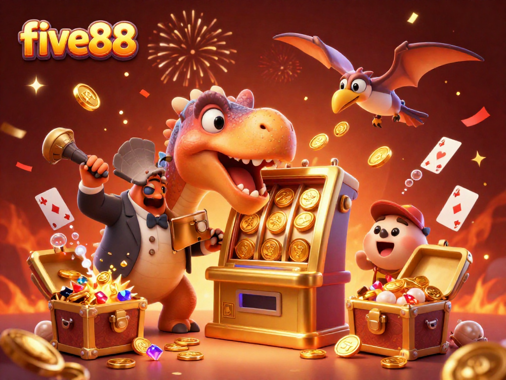 Experience the excitement of five88 with a dinosaur gaming scene showcasing jackpot wins and vibrant celebration.