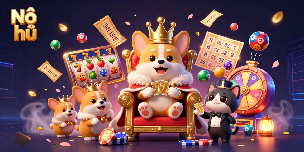 Nổ hũ slots game with a royal corgi king, prize elements like spinning reels and ticket confetti.