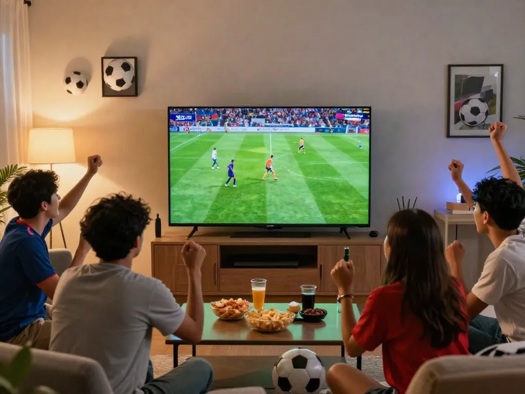 Friends enjoying a live football match on Thapcamtv in a cozy living room setting.