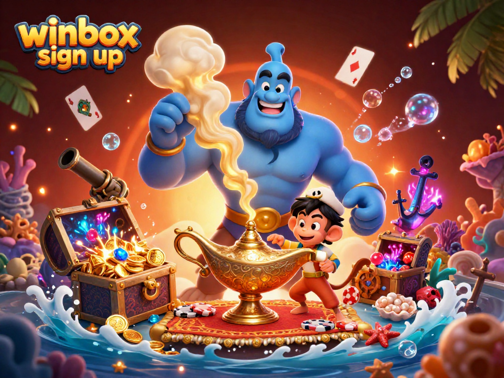 Winbox sign up to enjoy thrilling slots and games, featuring a vibrant 3D magical scene.