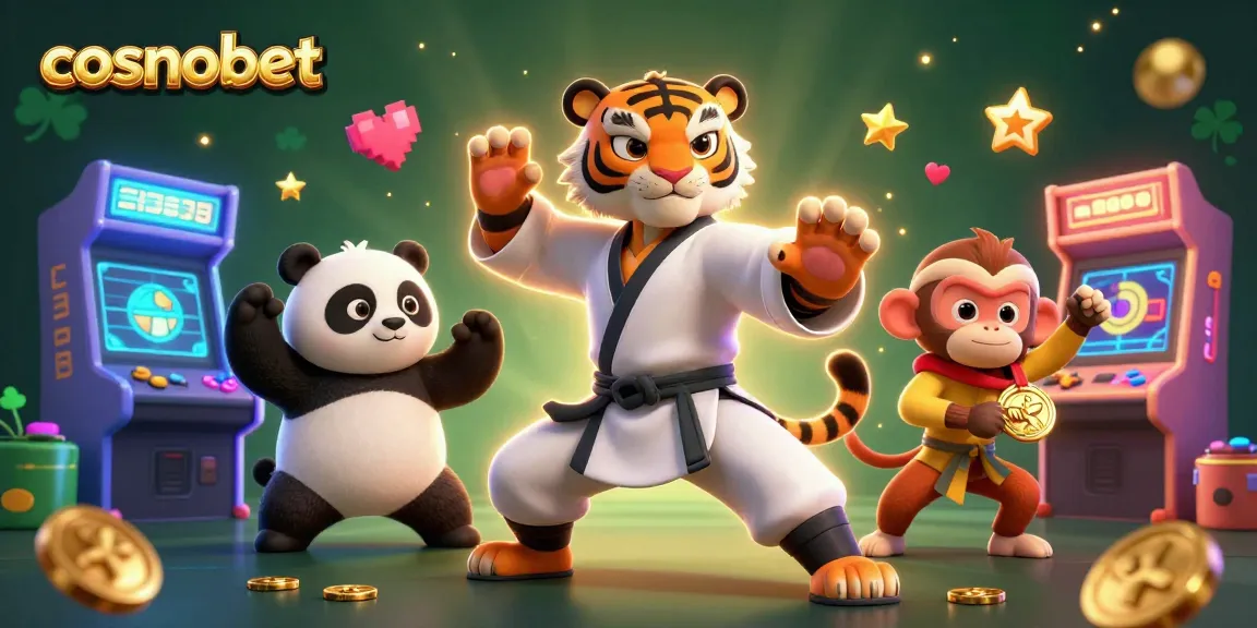 Join the fun at cosmobet casino with vibrant characters, game elements, and gold coins!