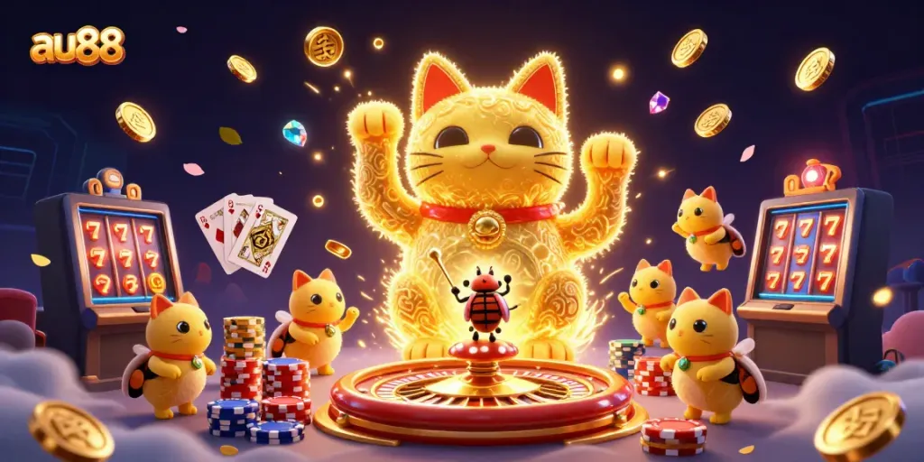 Experience the thrill of au88 with a dynamic lucky cat and a conductor beetle in a vibrant casino scene.