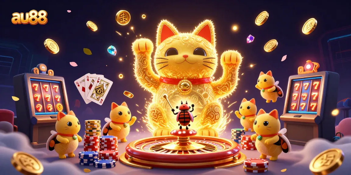 Experience the thrill of au88 with a dynamic lucky cat and a conductor beetle in a vibrant casino scene.