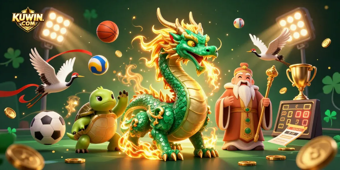 Engage in high-stakes fun with KUWIN. COM illustrated in a dynamic gambling scene featuring mythical characters and sports elements.