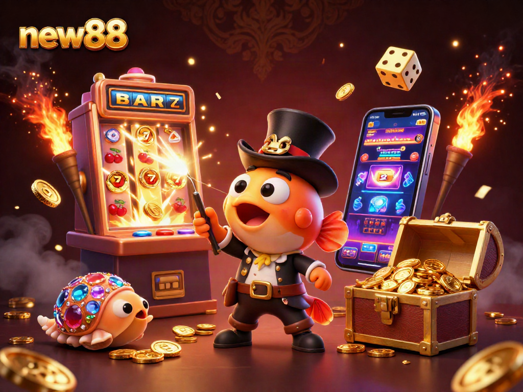 Win with new88 in a vibrant 3D casino scene featuring unique characters and thrilling game elements.