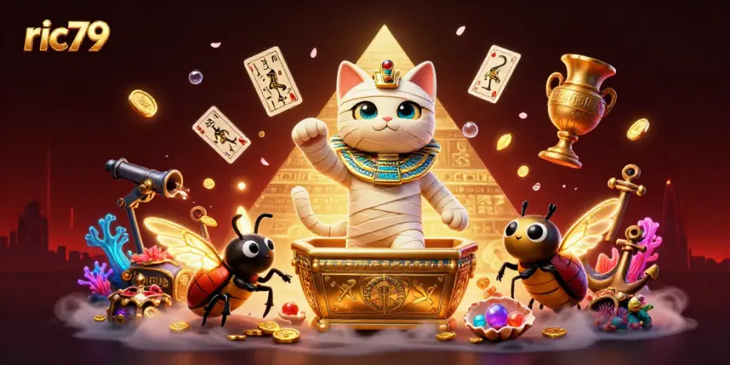 ric79 captures the excitement of gaming with a mummy cat and scarab in a dazzling casino scene.