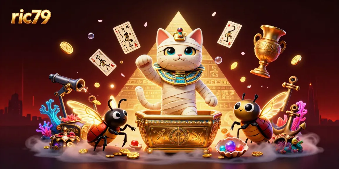 ric79 captures the excitement of gaming with a mummy cat and scarab in a dazzling casino scene.