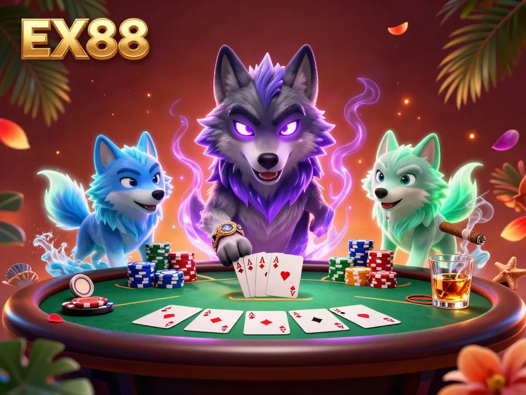 Engage with EX88 at the vibrant poker table, featuring a shadow wolf leader and colorful poker chips.