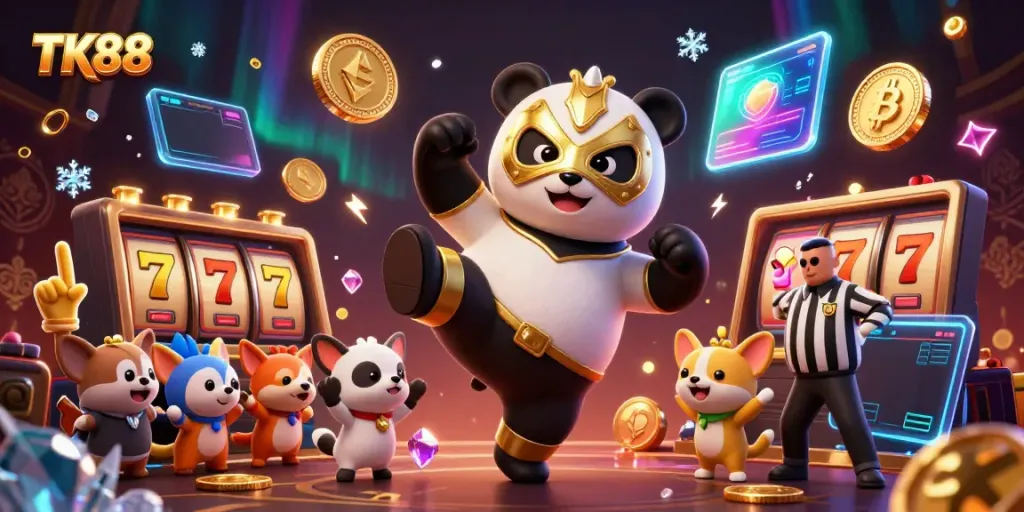 Watch TK88's exciting casino action as a panda wrestler performs a flying kick while animal fans cheer.
