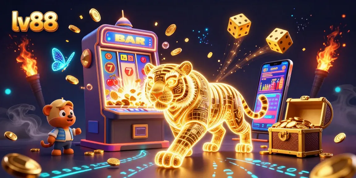 Experience lv88's vibrant casino landscape with a neon-wireframe tiger and jackpot elements.