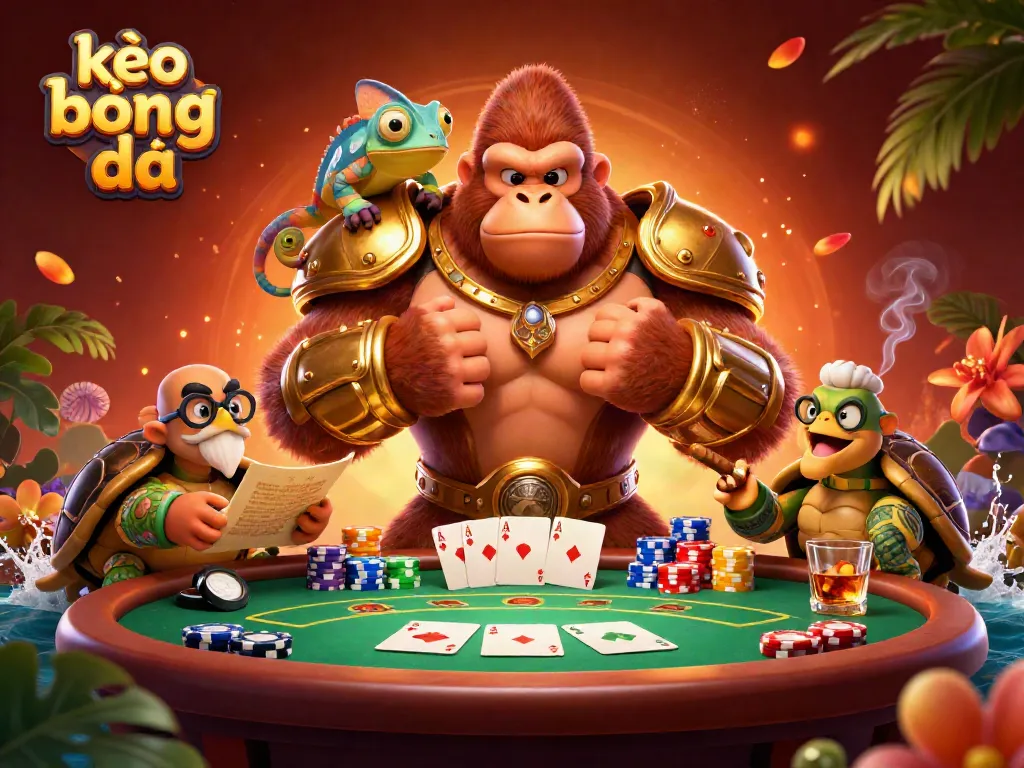 Engage in kèo bóng đá with dynamic gaming scenes featuring powerful characters and poker elements.