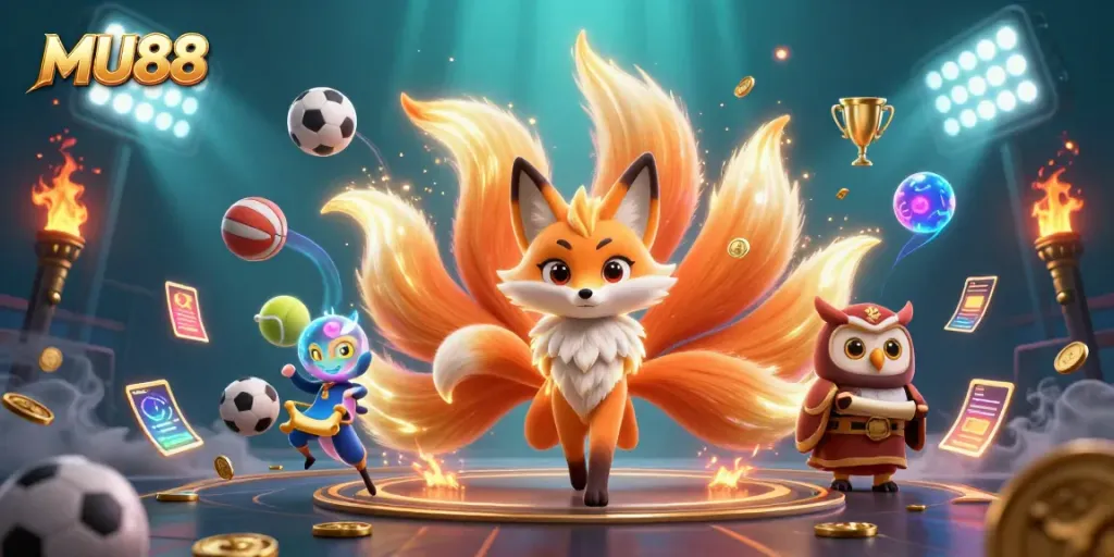 Engage with MU88's vibrant gaming world through a lively 3D illustration featuring animated sports elements.