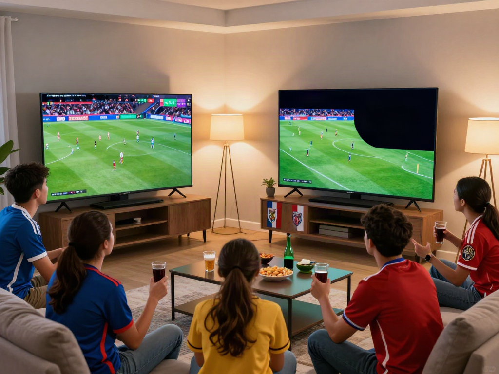 Soccer fans enjoying live xoilactv football match in a vibrant home setup.