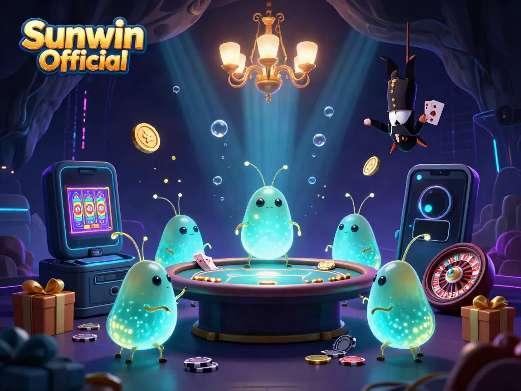 Engage with the vibrant world of Sunwin Official as glowworms illuminate a casino scene filled with slots and poker elements.
