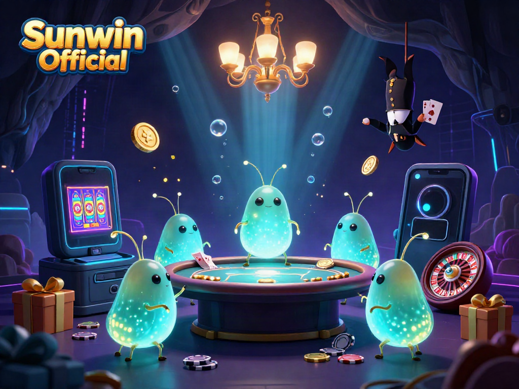 Engage with the vibrant world of Sunwin Official as glowworms illuminate a casino scene filled with slots and poker elements.