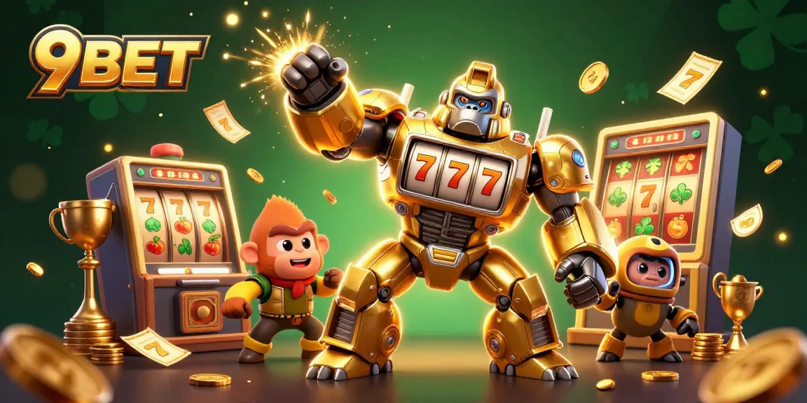 Experience thrilling action with 9BET as the golden mech gorilla triumphs in this fantastical casino scene.