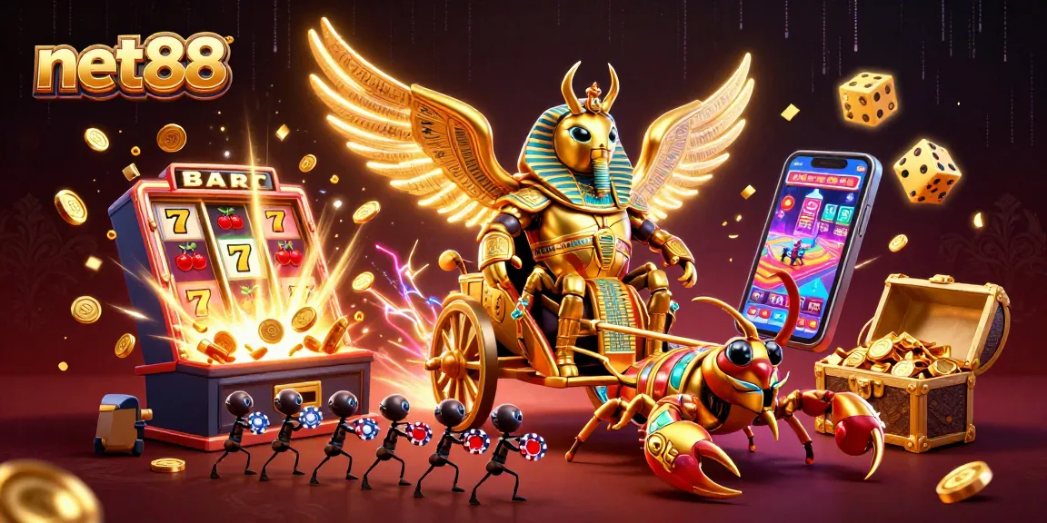 Experience thrilling gameplay with net88 as a colossal scarab beetle rides a chariot in a vibrant casino scene.