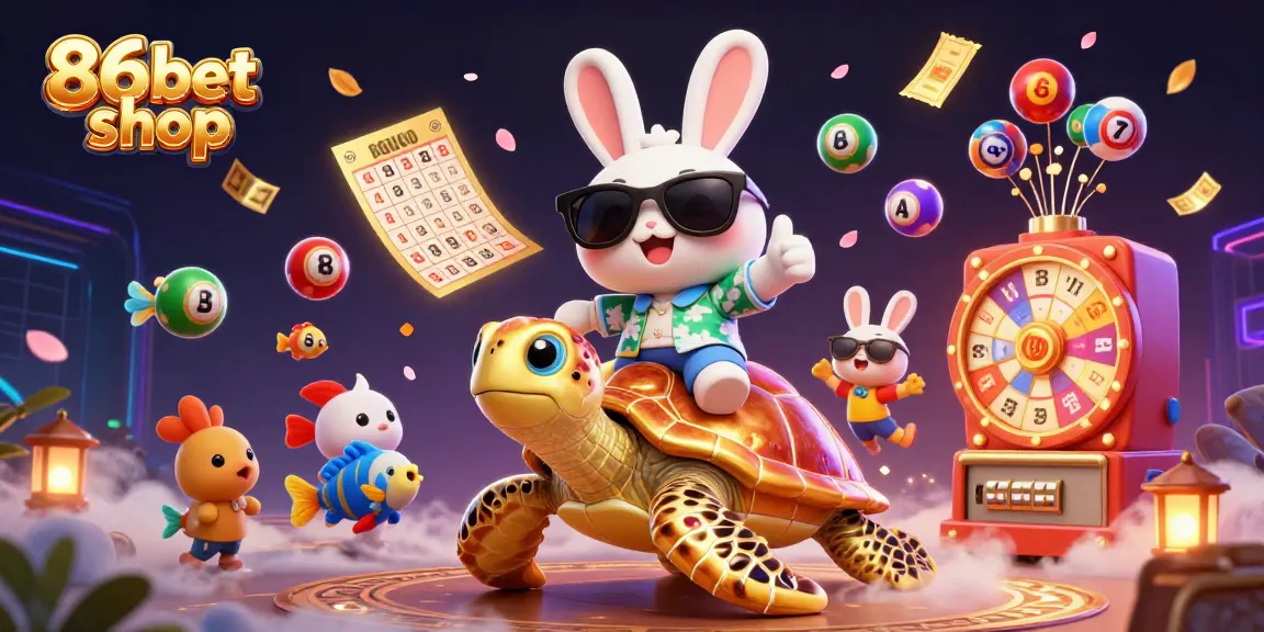 Win big at 86bet shop with a vibrant scene of a lucky rabbit and golden sea turtle.
