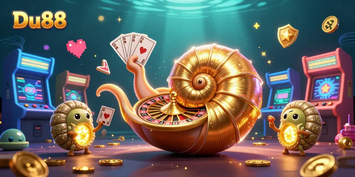 Participate in the exciting world of Du88 with a vibrant casino scene featuring colorful games and animated characters.
