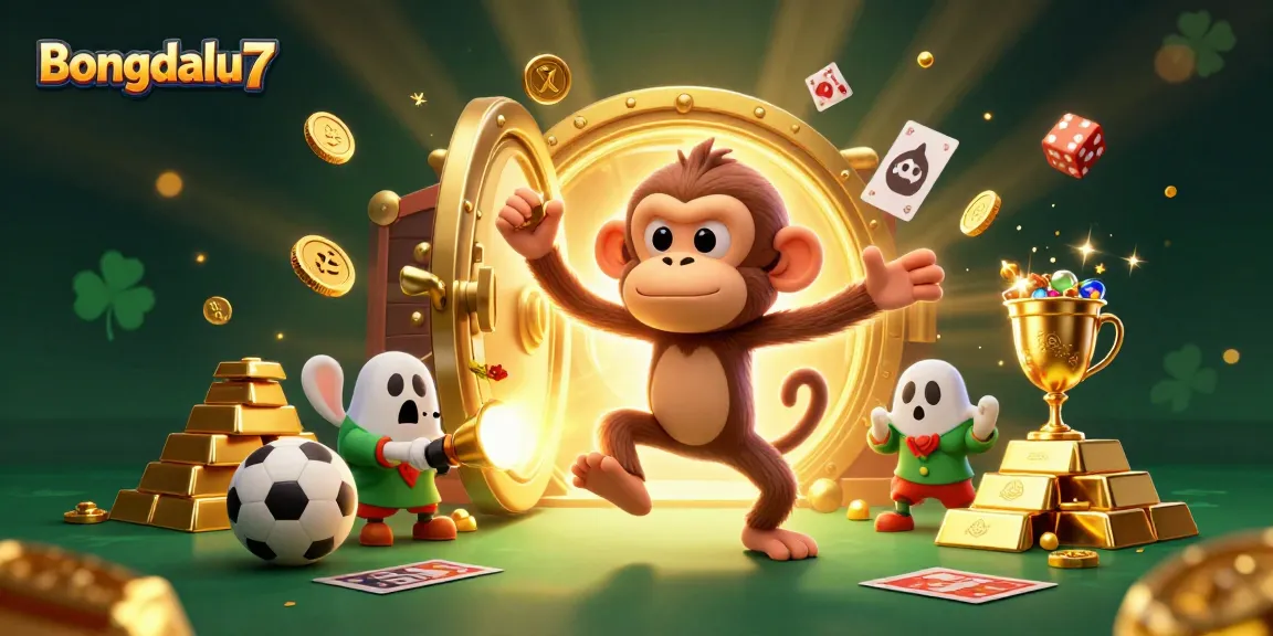 Engage with Bongdalu7's thrilling sports betting scene featuring a playful poltergeist monkey and adventurous puppy.