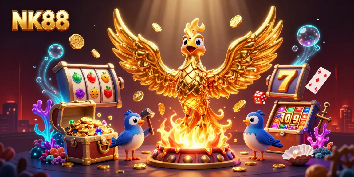 Engage with exciting NK88 slots featuring golden phoenix and vibrant symbols in a dynamic casino scene.