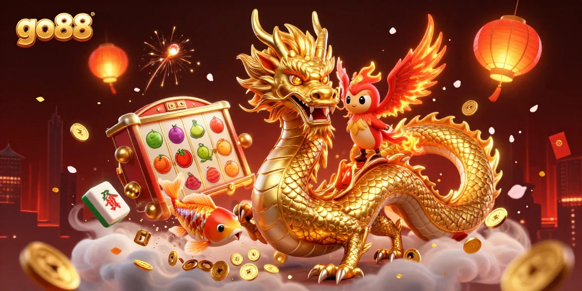 Experience thrilling slots at go88, featuring a powerful dragon and gleaming koi fish surrounded by vibrant casino elements.