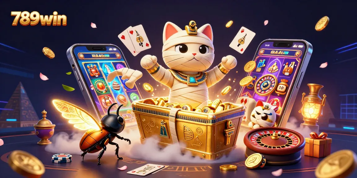 Take a thrilling gamble with 789win, featuring a cartoon Egyptian mummy cat in a vibrant casino.