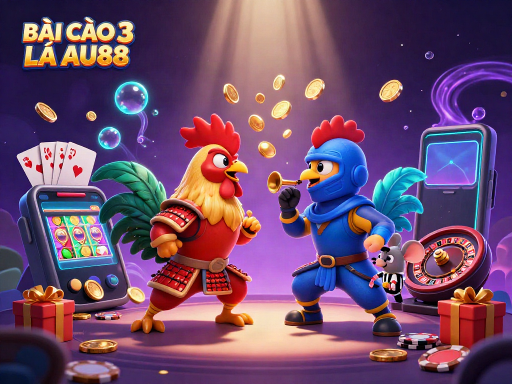 Experience the thrill of BÀI CÀO 3 LÁ AU88 with epic cartoon roosters and dynamic casino elements.