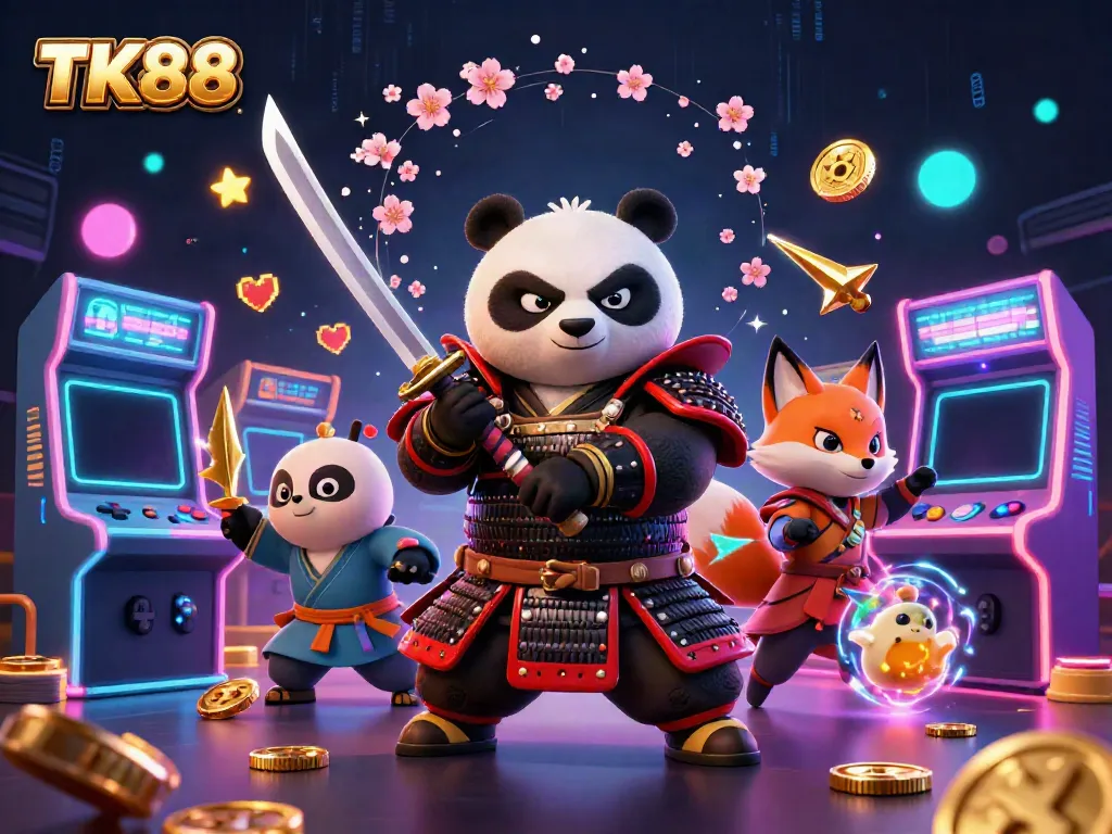Experience the thrill of gaming with TK88, featuring samurai panda and ninja fox in a vibrant casino scene.