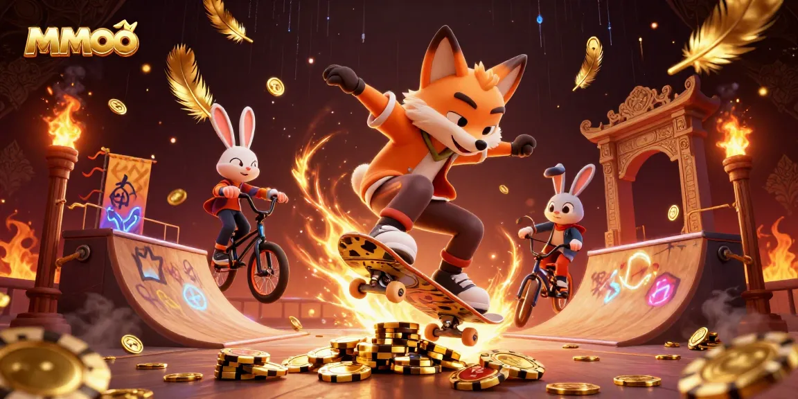 Experience thrilling mmoo arcade excitement with animated fox and rabbit in a lively casino environment.