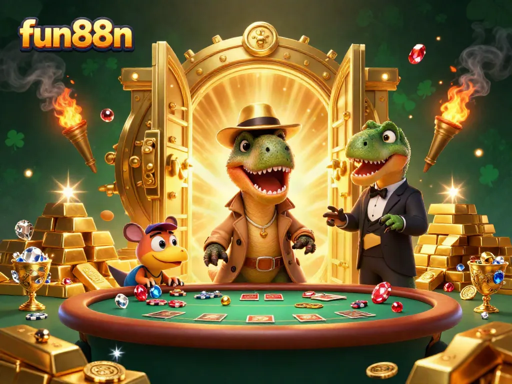 Engage in thrilling blackjack with fun88n featuring a lively velociraptor card counter amidst golden treasures.