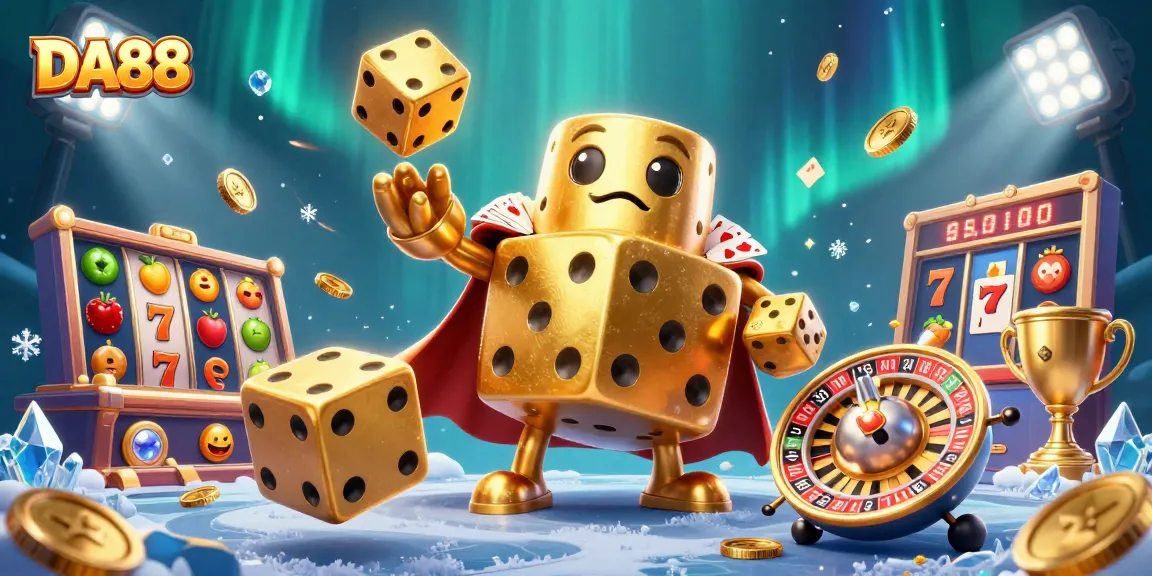 Join the excitement of DA88 with a golden dice golem and slot reels in a vibrant casino atmosphere.