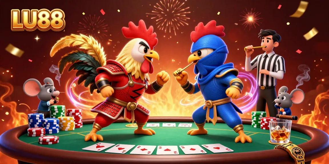 Experience thrilling LU88 action in a vibrant casino showdown featuring rooster warriors and poker elements.